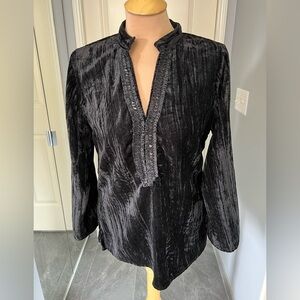 Women's Medium Black Velvet Pullover Top Ruffle Sequin V Neck Witchy Whimsigoth